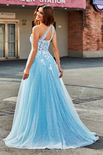 Abito da ballo lungo in tulle monospalla azzurro con appliques